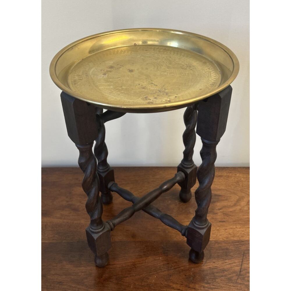 Vintage Brass Tray Top Folding Side Table Barley Twist Wood Chinoiserie 15.5"
